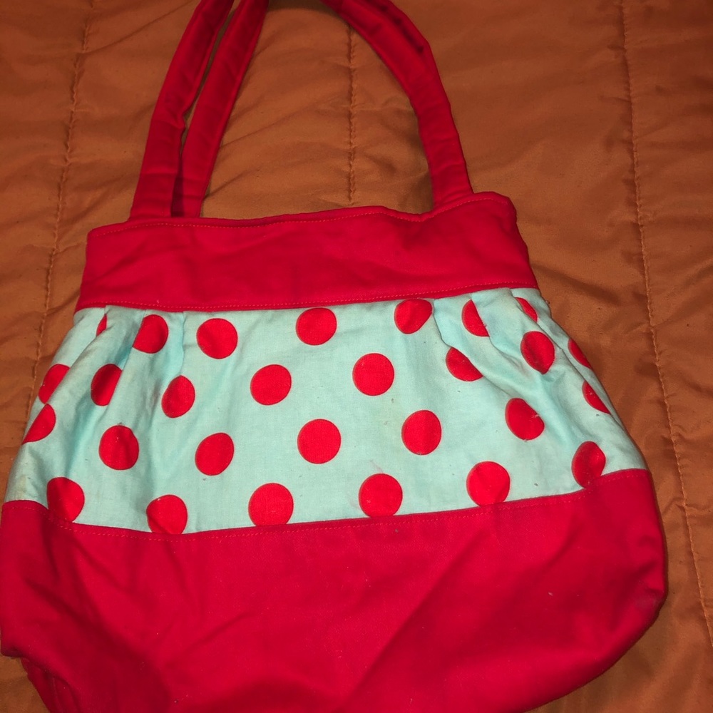 Blue polka dot, with red trim shoulder bag